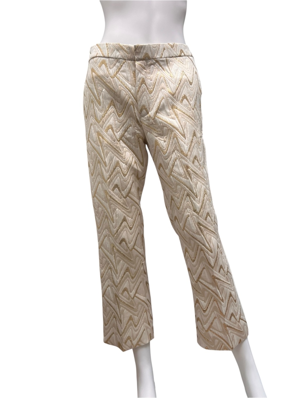 Chloe Gold Chevron Jacquard Metallic Straight Leg Silk Capri Pants Low Rise Vtg